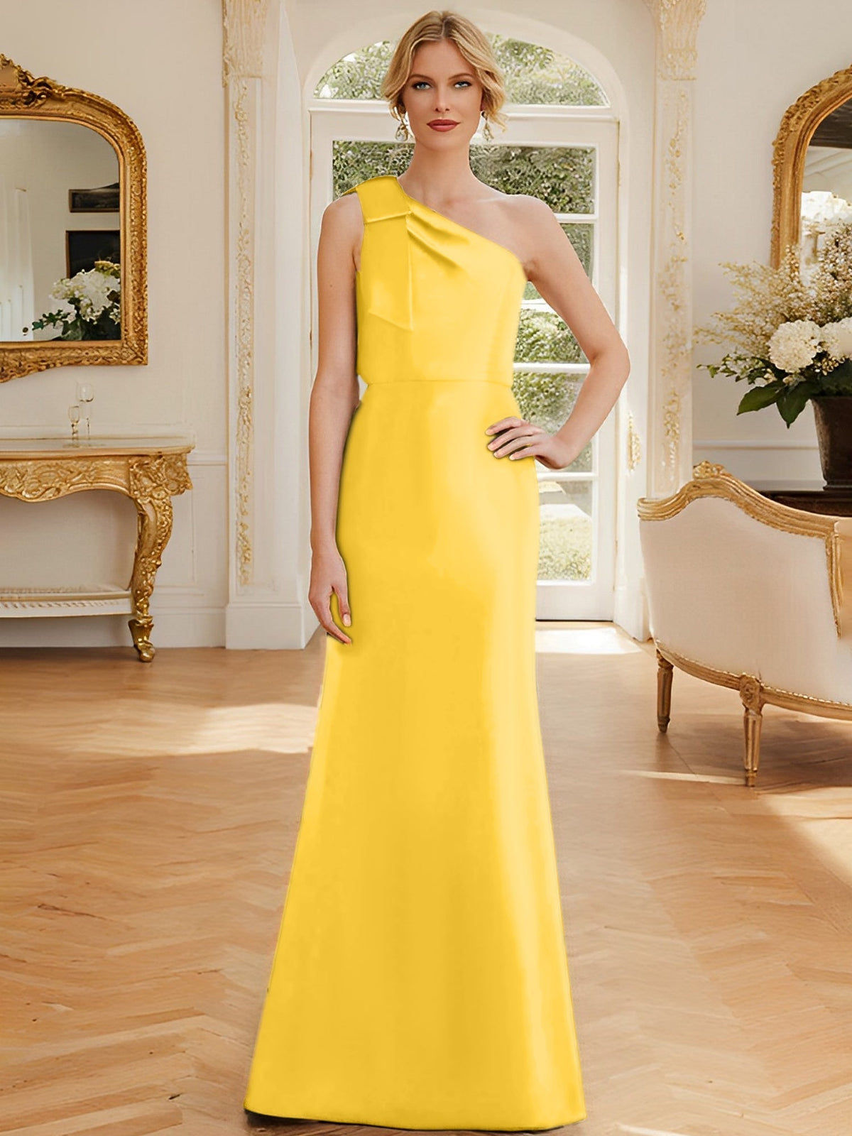 One Shoulder Sleeveless Satin Mother of the Bride Dress with Bowknot Sheath Column