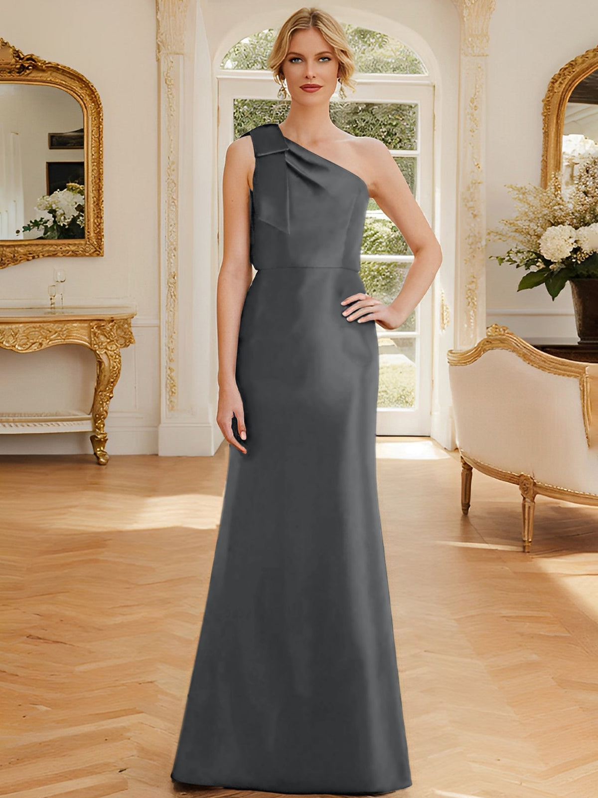 One Shoulder Sleeveless Satin Mother of the Bride Dress with Bowknot Sheath Column