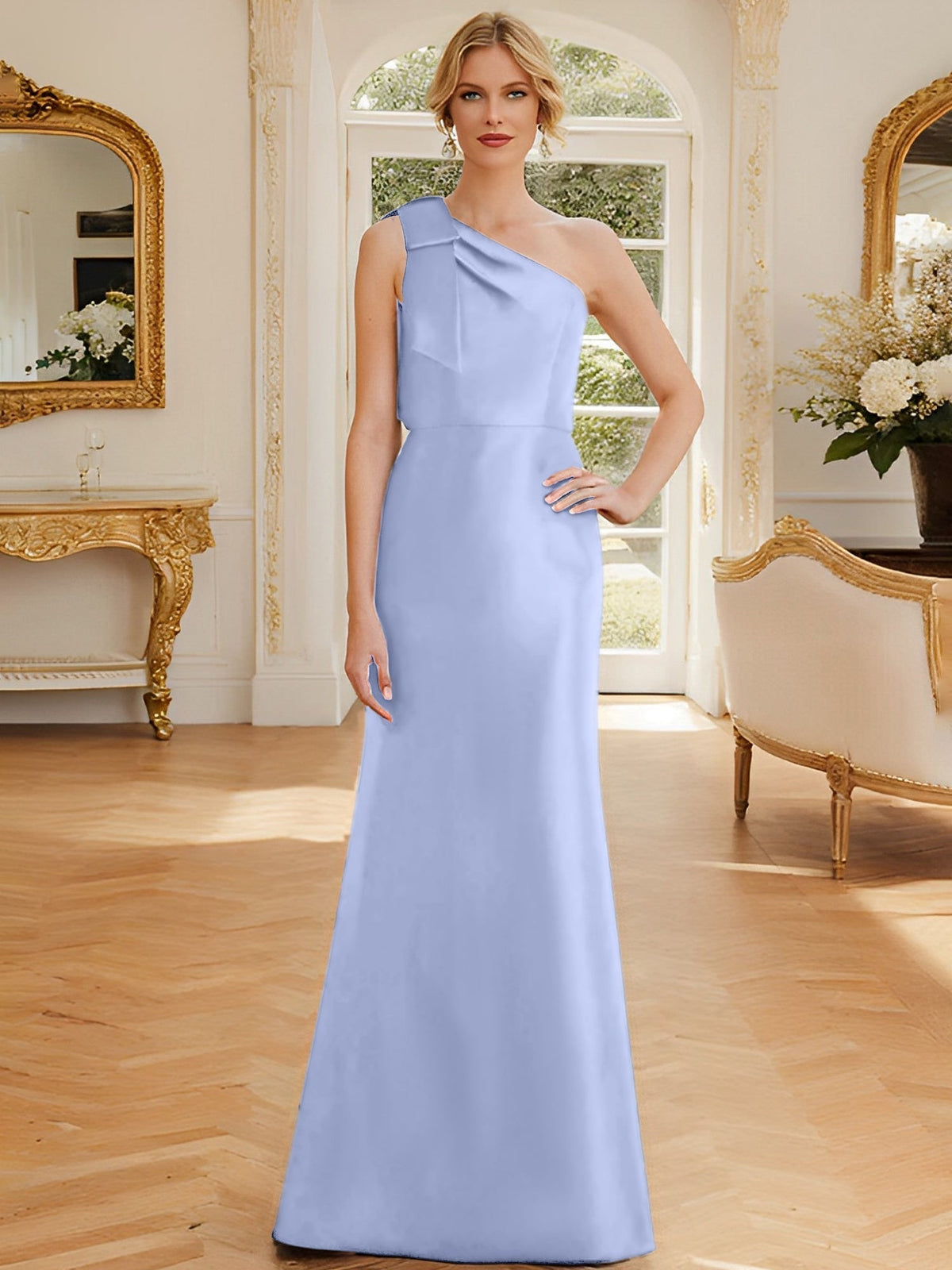 One Shoulder Sleeveless Satin Mother of the Bride Dress with Bowknot Sheath Column
