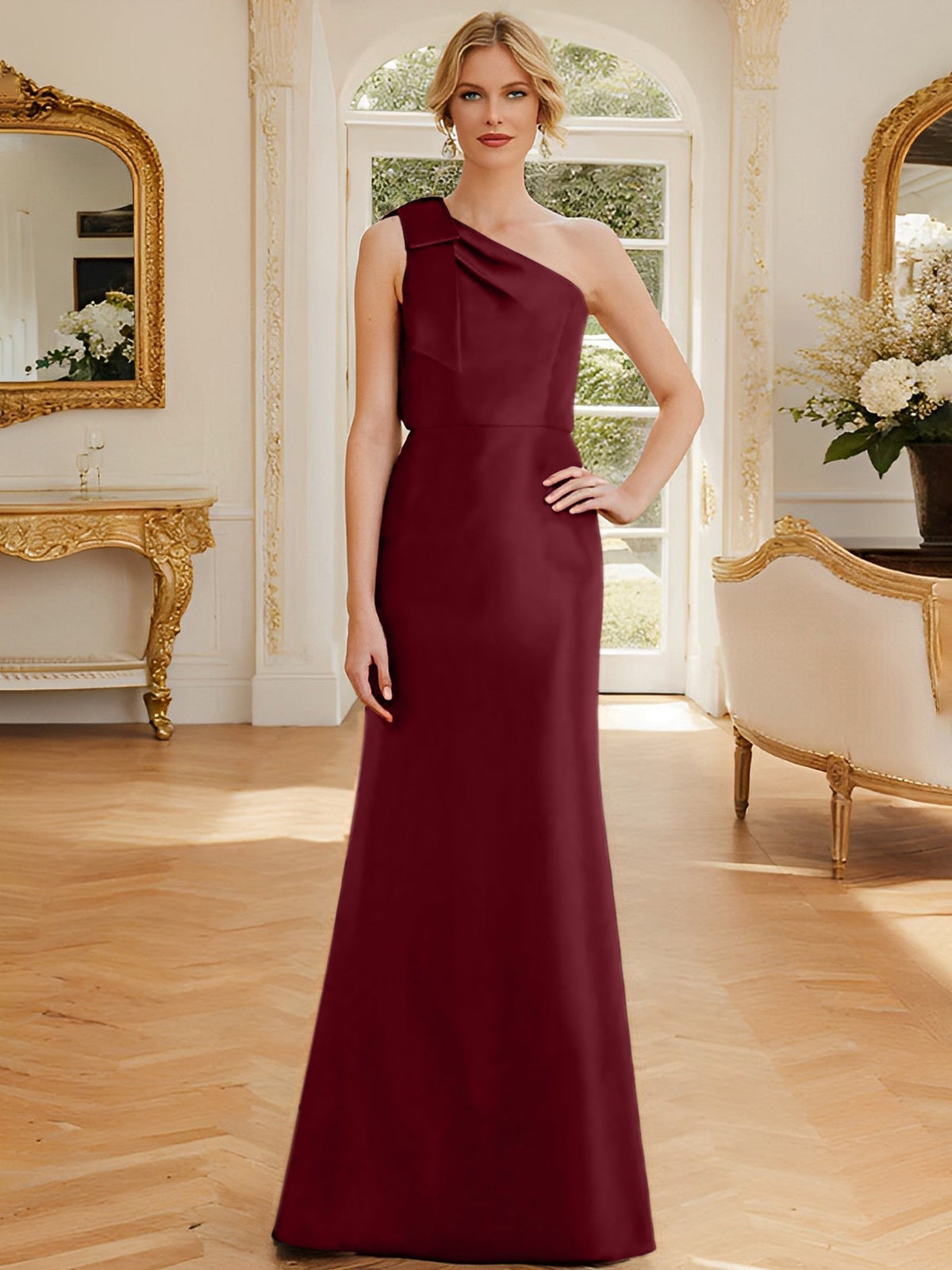 One Shoulder Sleeveless Satin Mother of the Bride Dress with Bowknot Sheath Column