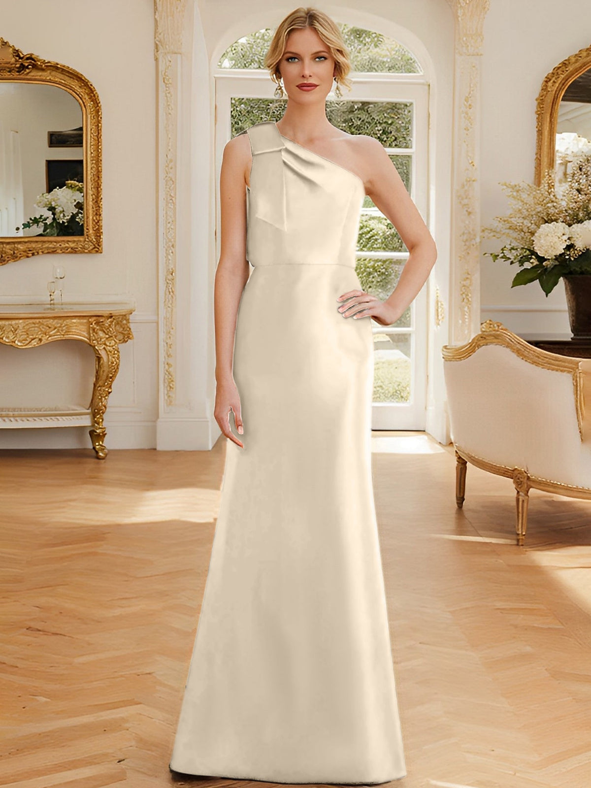 One Shoulder Sleeveless Satin Mother of the Bride Dress with Bowknot Sheath Column