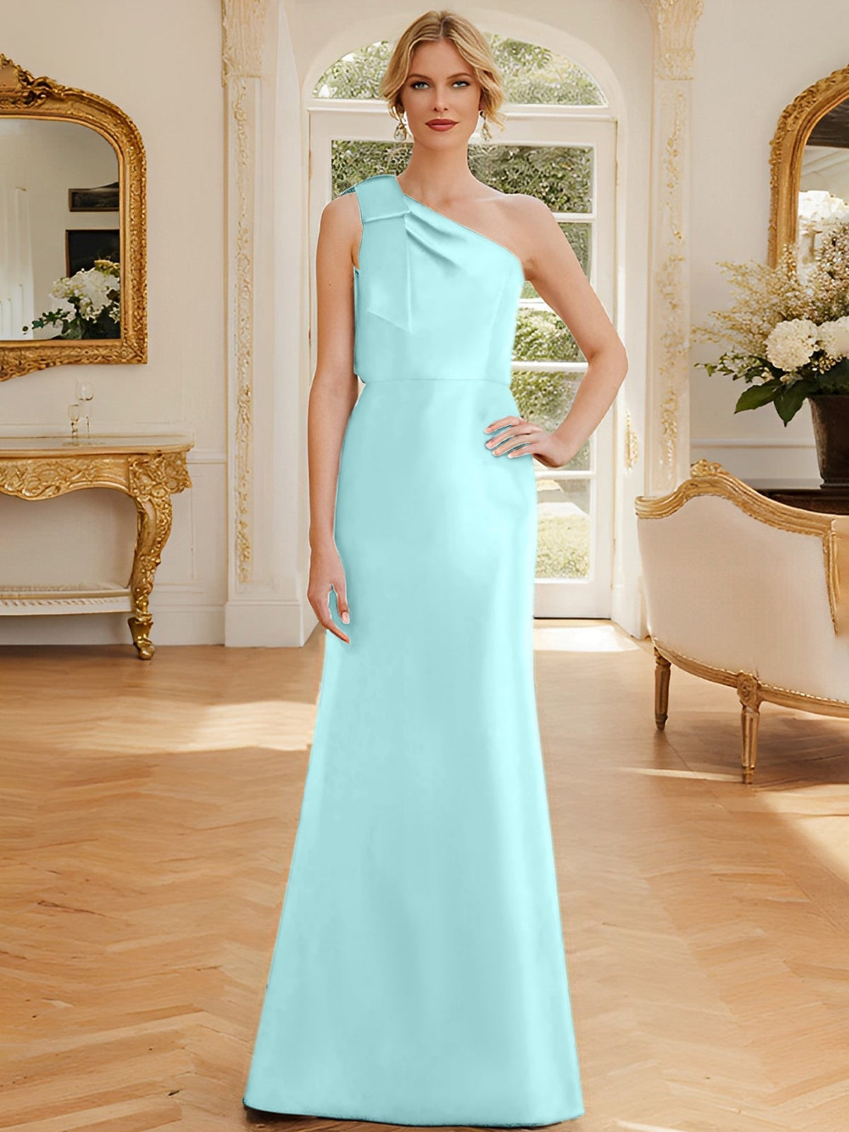 One Shoulder Sleeveless Satin Mother of the Bride Dress with Bowknot Sheath Column