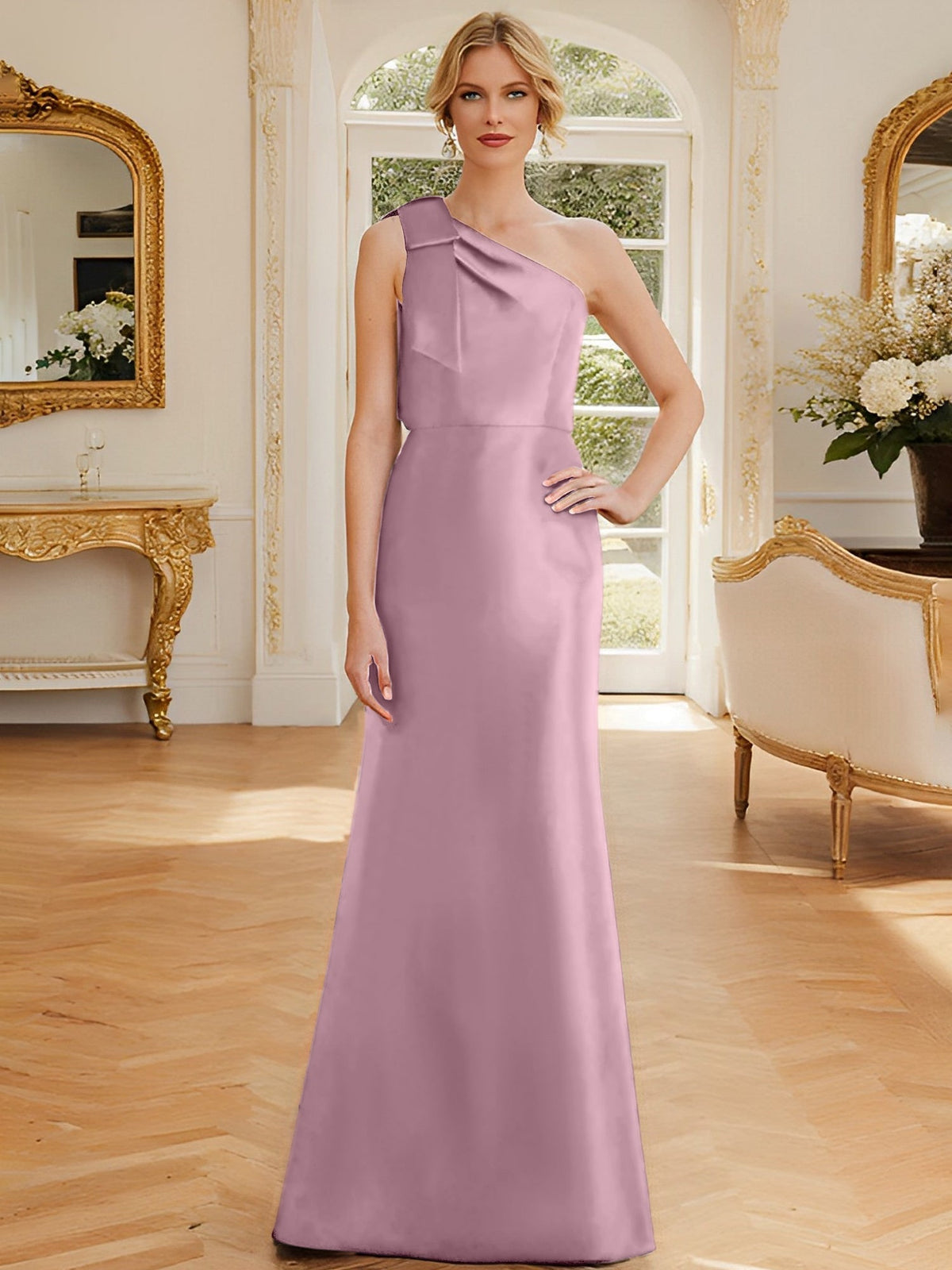 One Shoulder Sleeveless Satin Mother of the Bride Dress with Bowknot Sheath Column