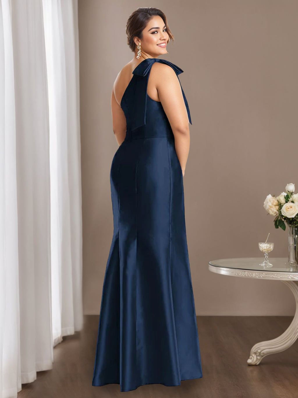 One Shoulder Sleeveless Satin Mother of the Bride Dress with Bowknot Sheath Column