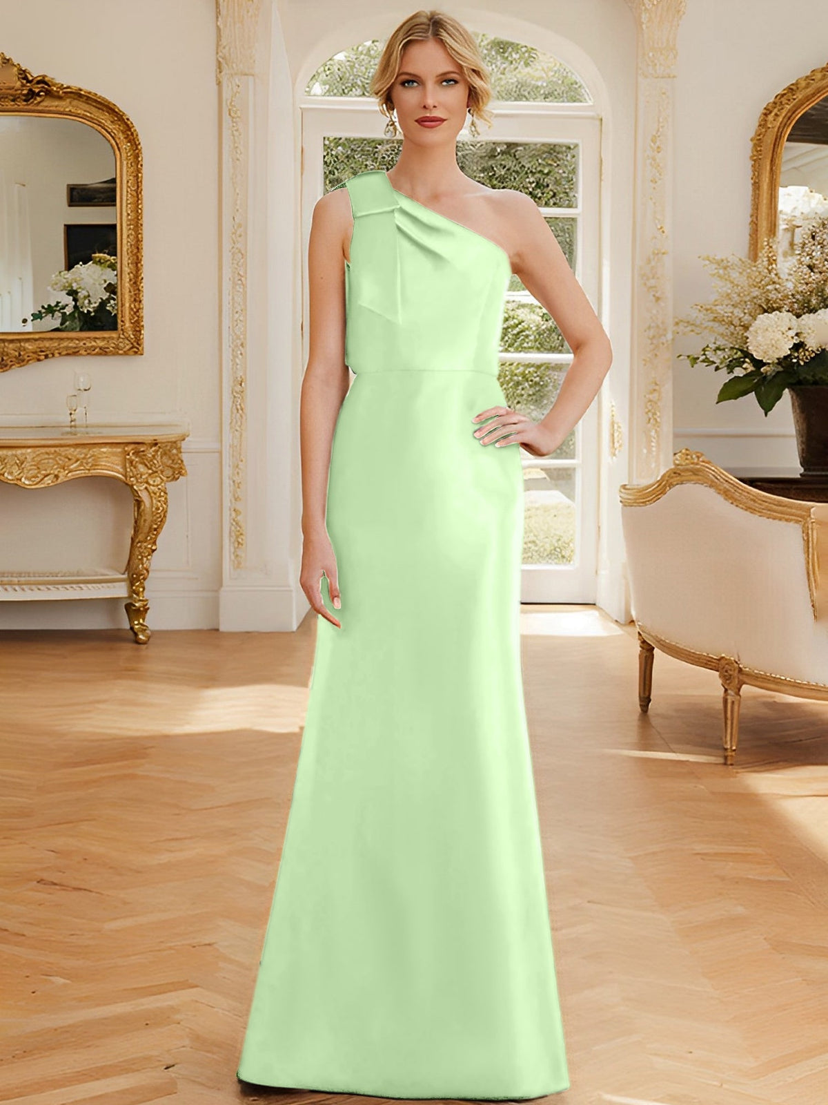 One Shoulder Sleeveless Satin Mother of the Bride Dress with Bowknot Sheath Column