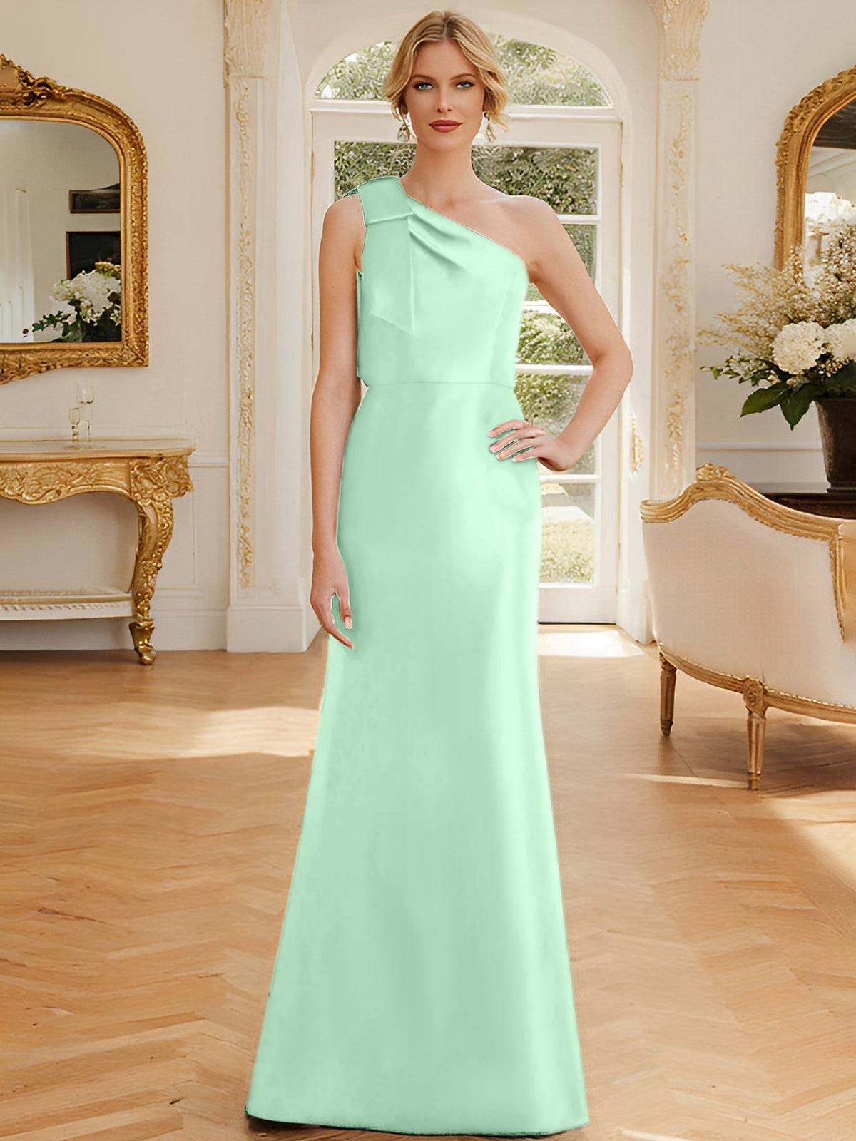 One Shoulder Sleeveless Satin Mother of the Bride Dress with Bowknot Sheath Column