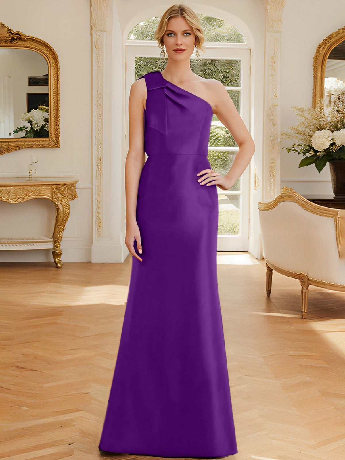 One Shoulder Sleeveless Satin Mother of the Bride Dress with Bowknot Sheath Column