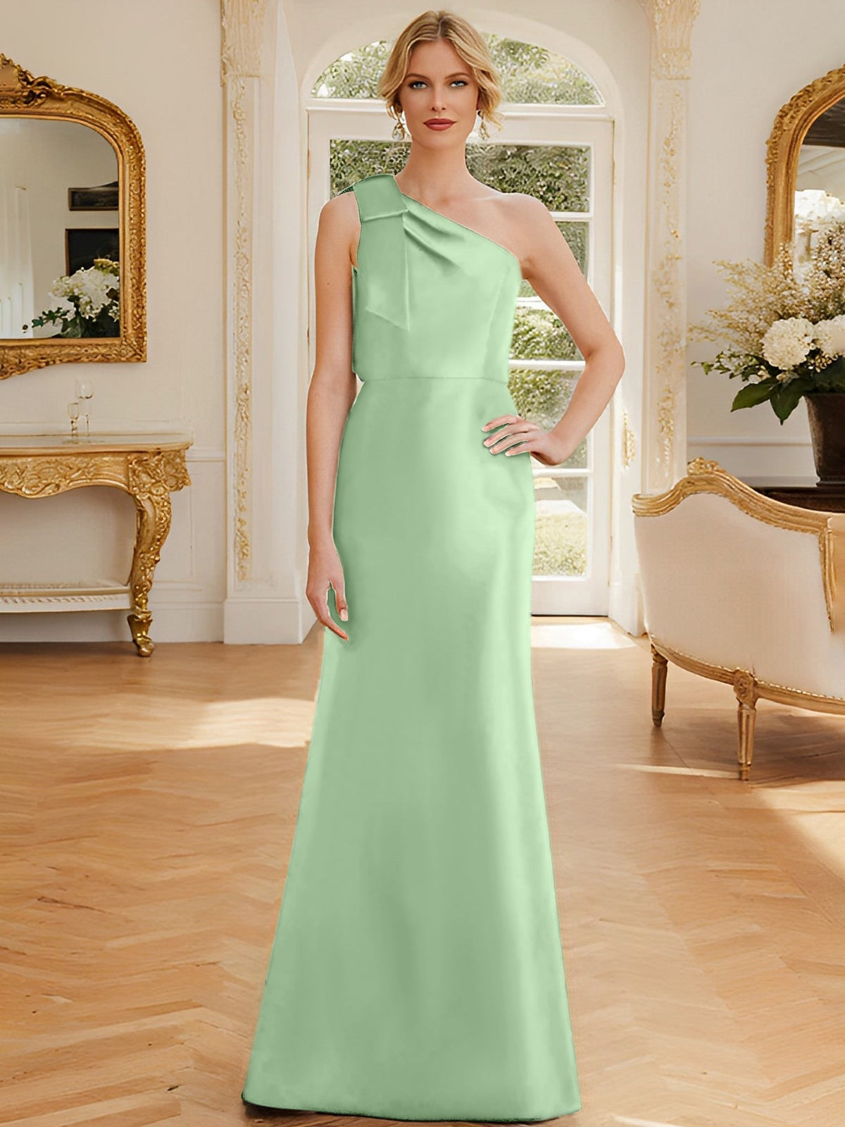 One Shoulder Sleeveless Satin Mother of the Bride Dress with Bowknot Sheath Column