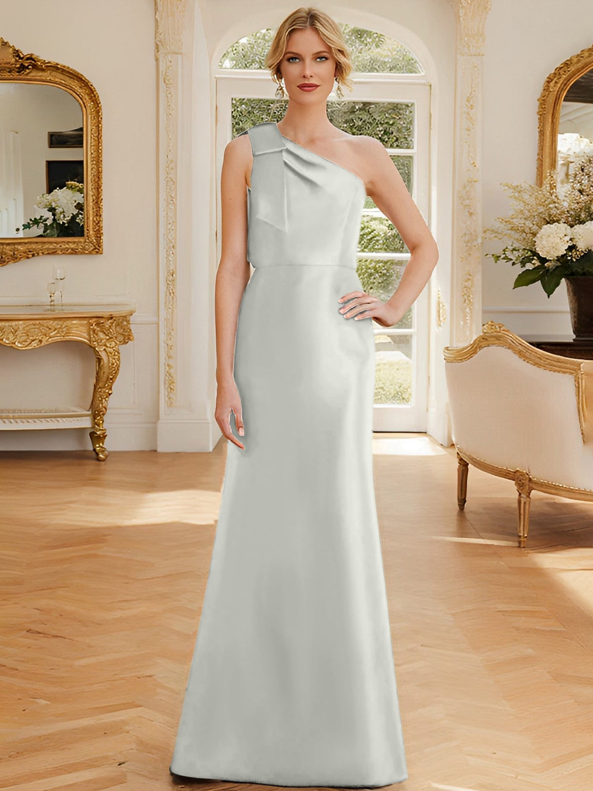One Shoulder Sleeveless Satin Mother of the Bride Dress with Bowknot Sheath Column