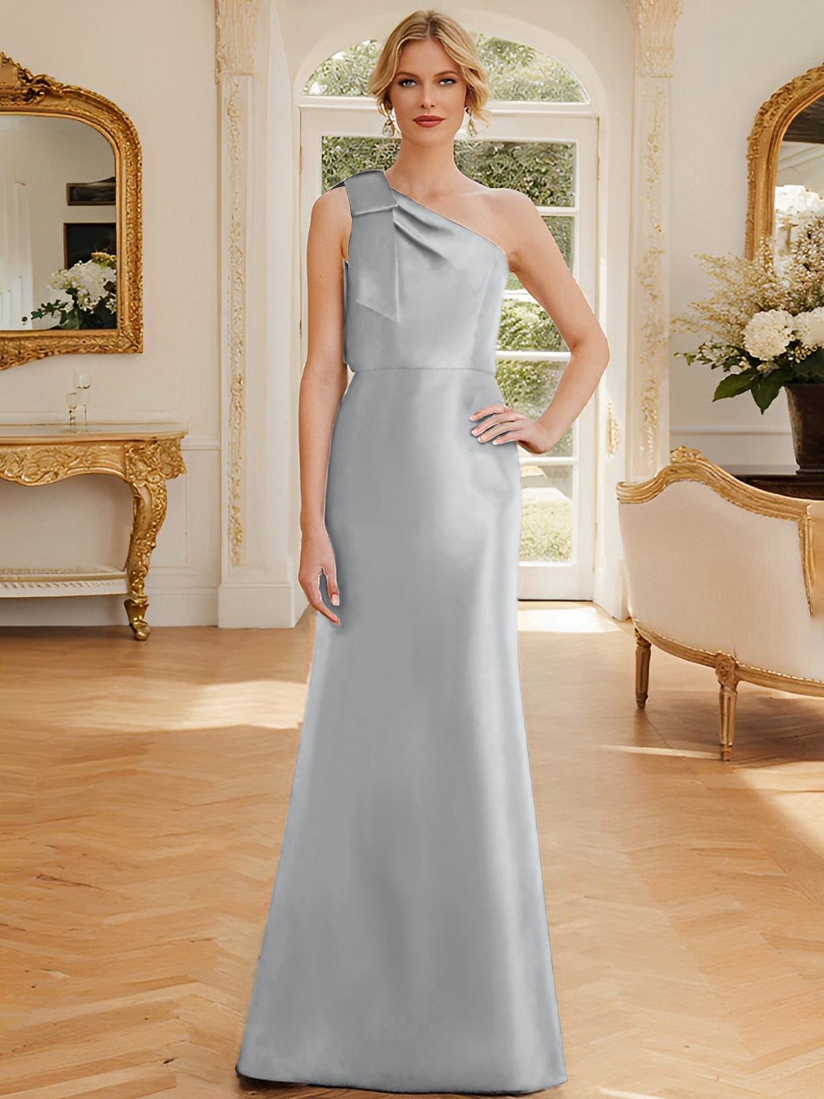 One Shoulder Sleeveless Satin Mother of the Bride Dress with Bowknot Sheath Column