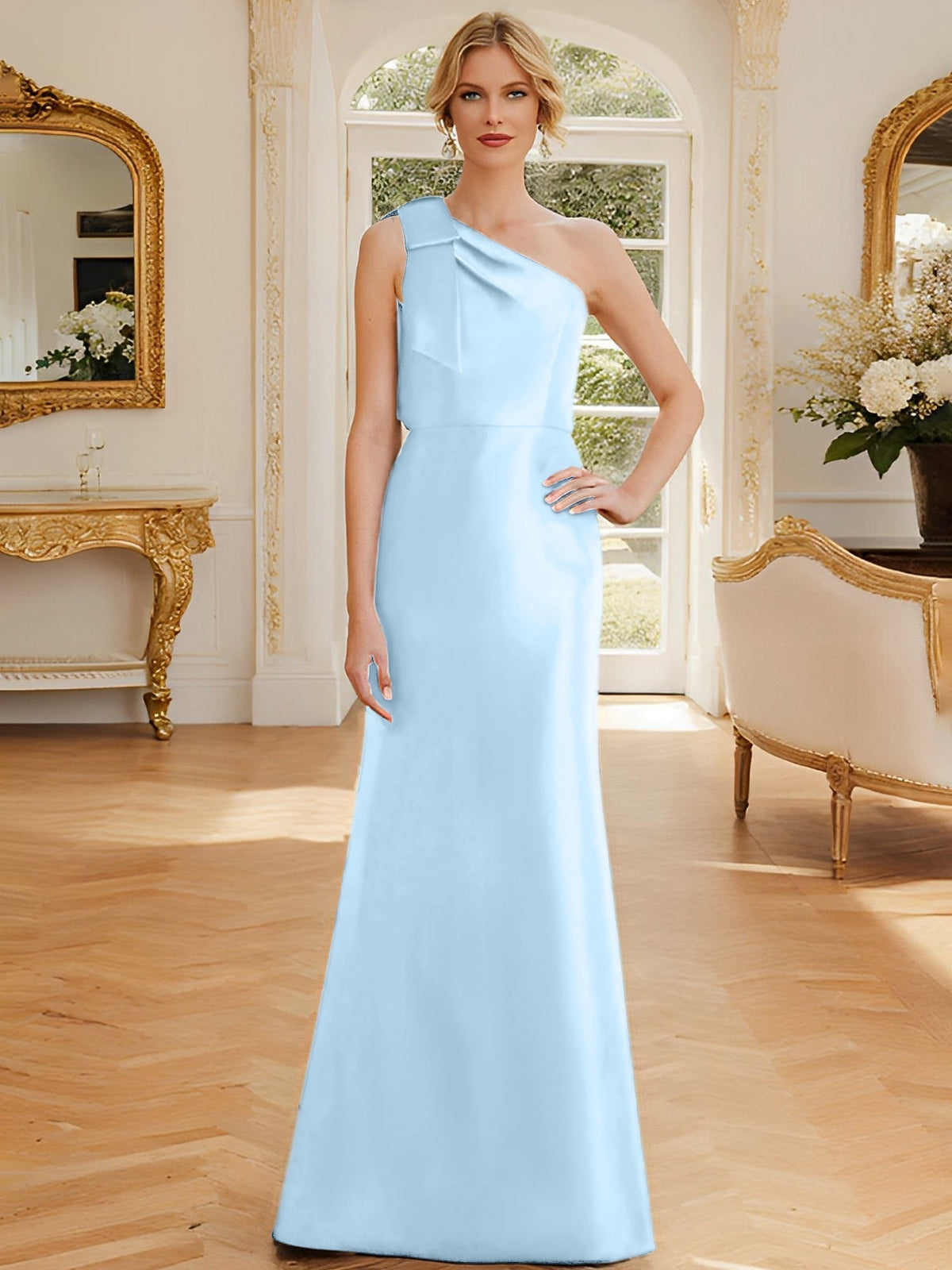 One Shoulder Sleeveless Satin Mother of the Bride Dress with Bowknot Sheath Column