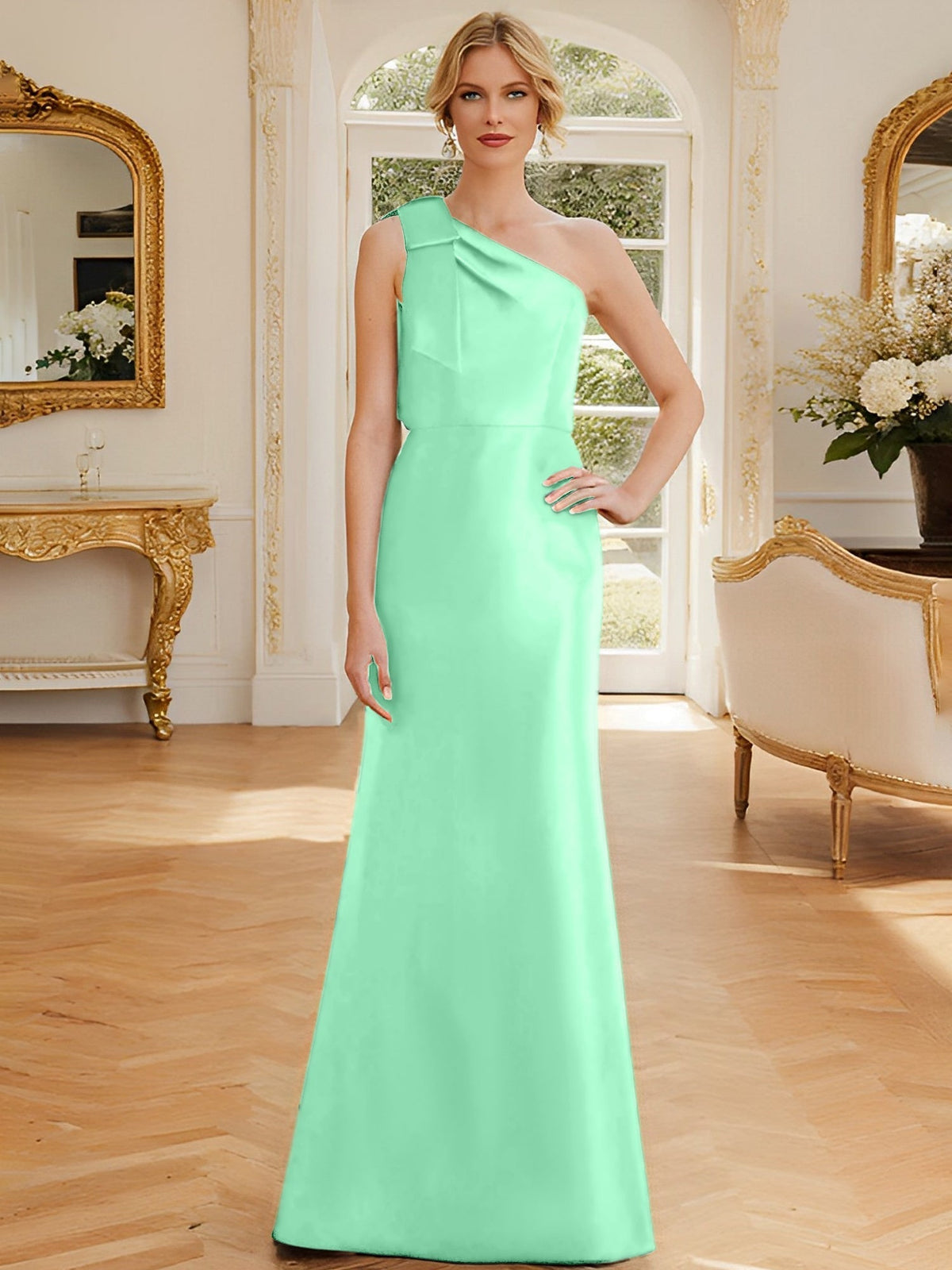 One Shoulder Sleeveless Satin Mother of the Bride Dress with Bowknot Sheath Column