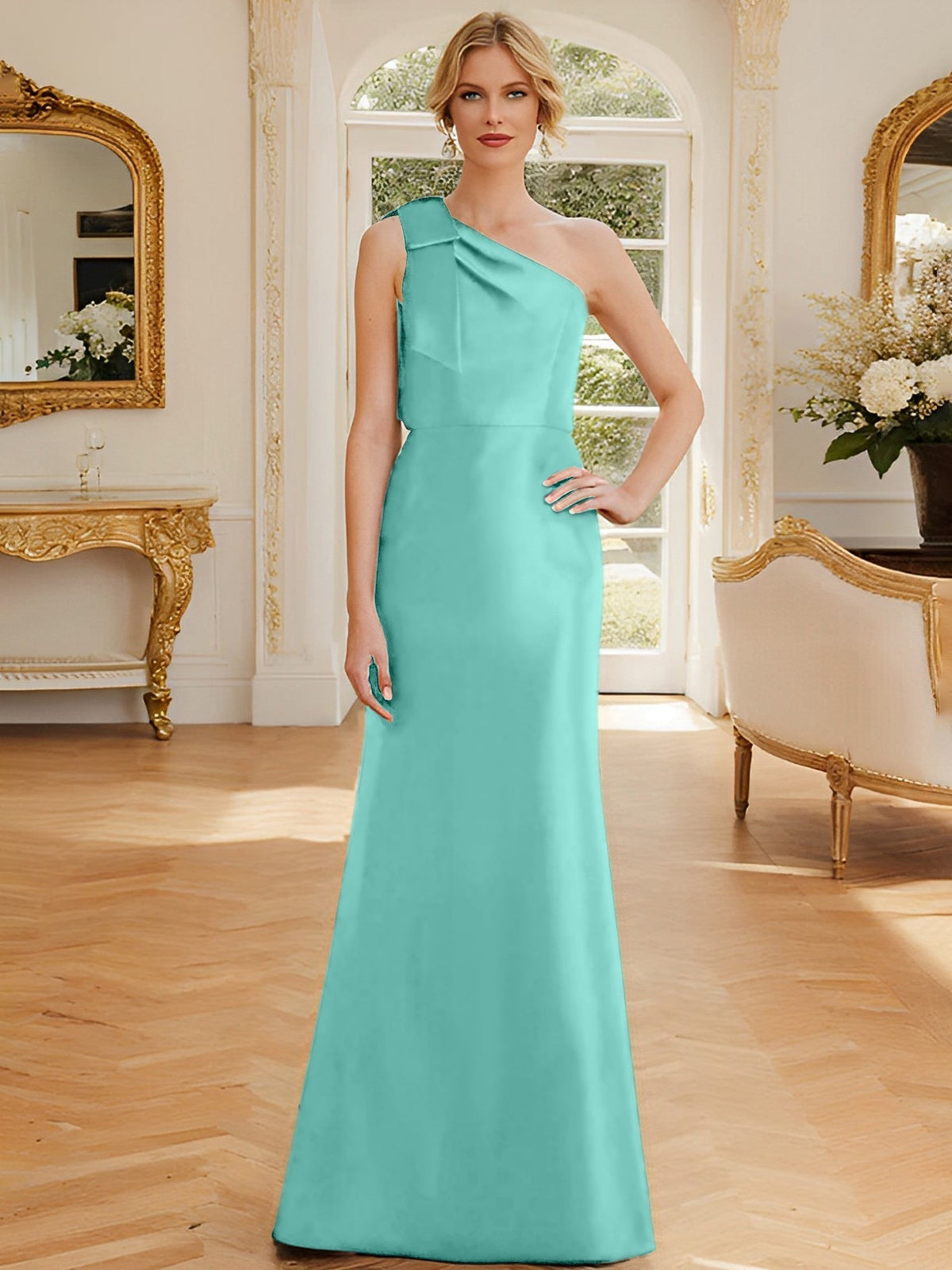 One Shoulder Sleeveless Satin Mother of the Bride Dress with Bowknot Sheath Column