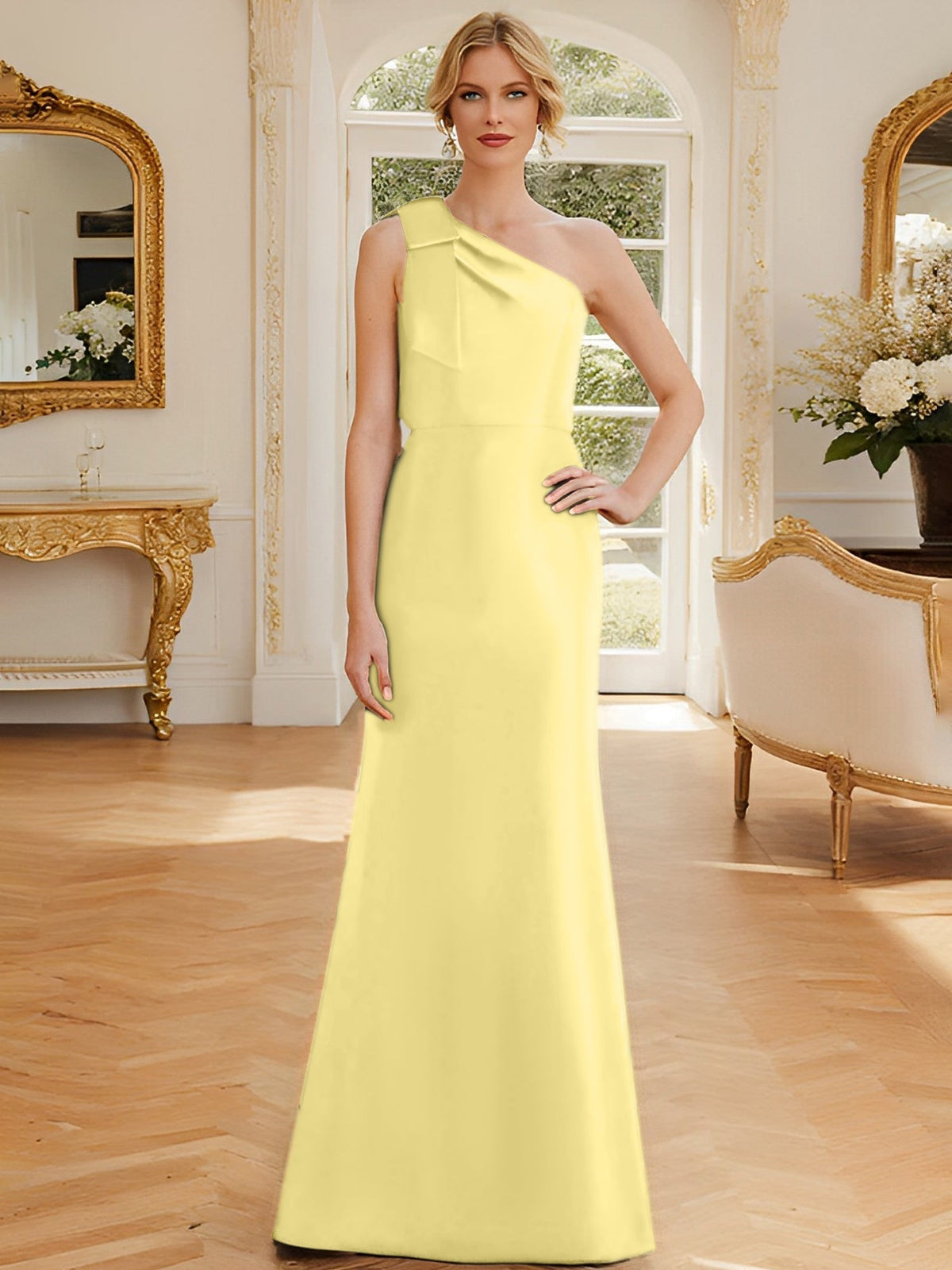 One Shoulder Sleeveless Satin Mother of the Bride Dress with Bowknot Sheath Column