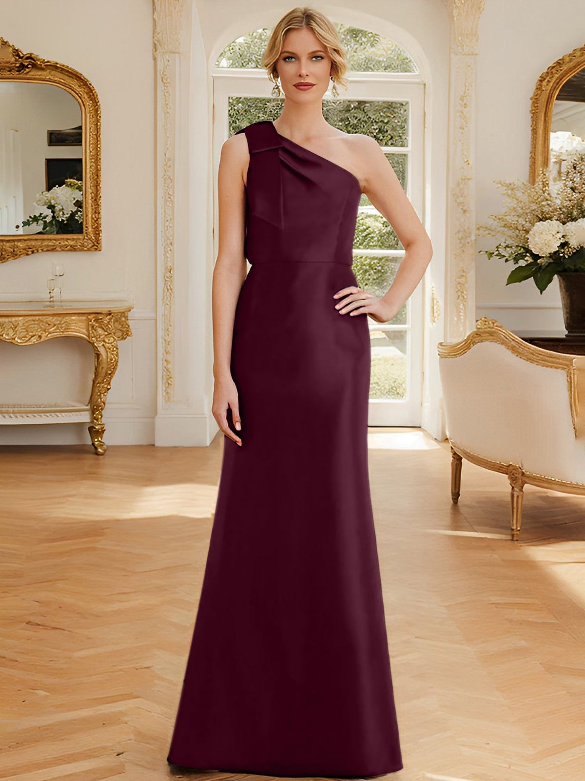 One Shoulder Sleeveless Satin Mother of the Bride Dress with Bowknot Sheath Column