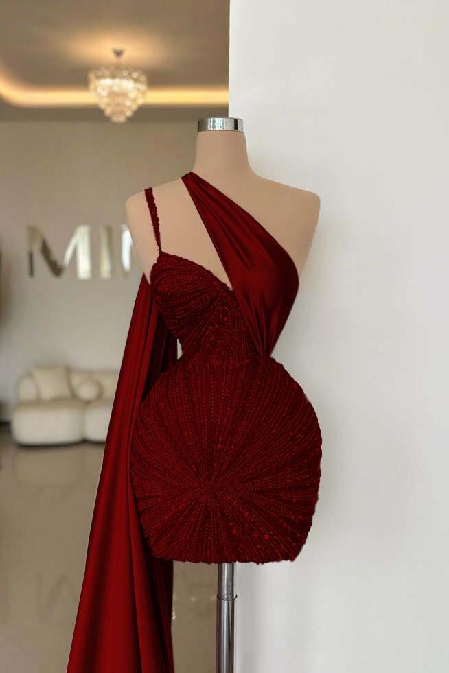 One Shoulder Sleeveless Short Homecoming Dress With Beading