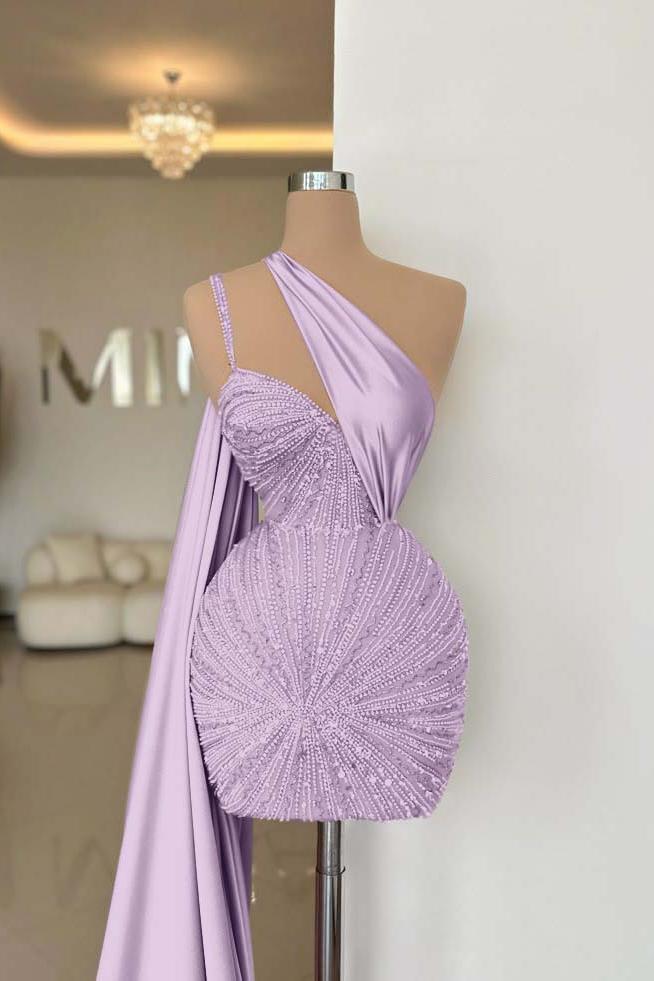 One Shoulder Sleeveless Short Homecoming Dress With Beading