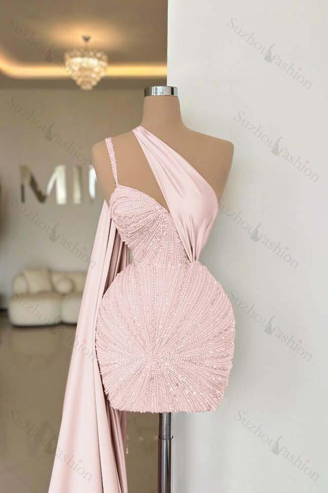 One Shoulder Sleeveless Short Homecoming Dress With Beading