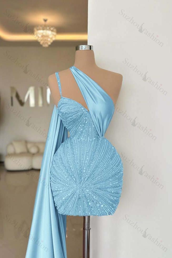 One Shoulder Sleeveless Short Homecoming Dress With Beading