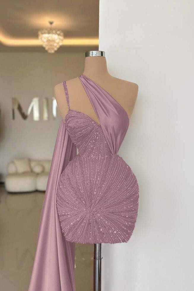 One Shoulder Sleeveless Short Homecoming Dress With Beading