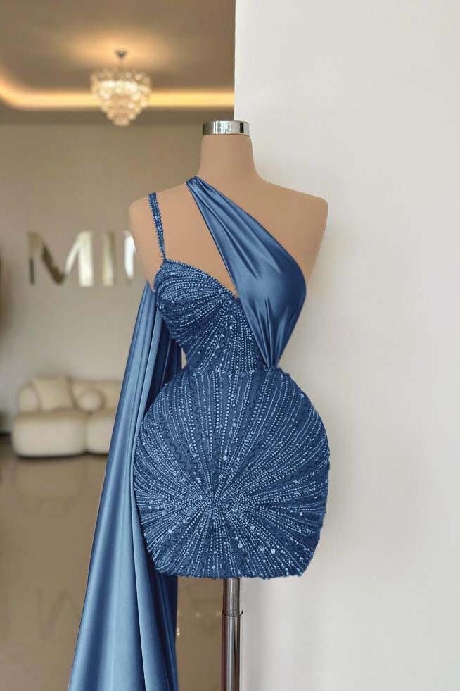 One Shoulder Sleeveless Short Homecoming Dress With Beading