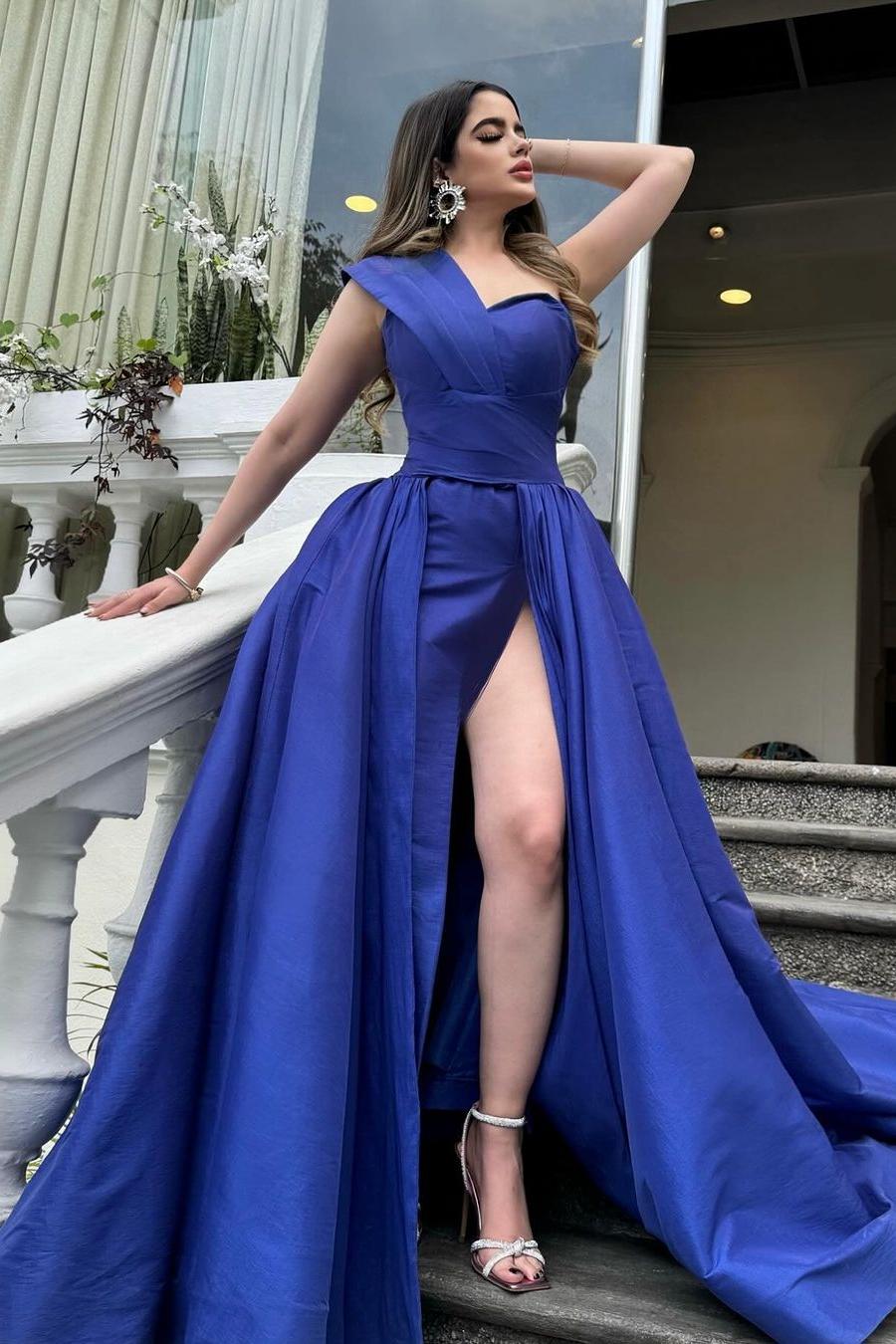 One Shoulder Sweetheart Sleeveless Long Evening Formal Dress With Front Split