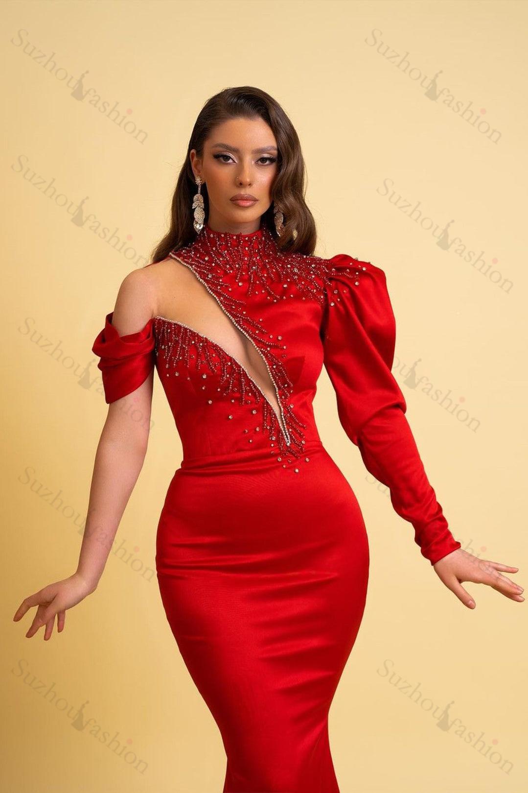 One Sleeve Red Prom Dress High Neck Mermaid Evening Formal Dress With Beading