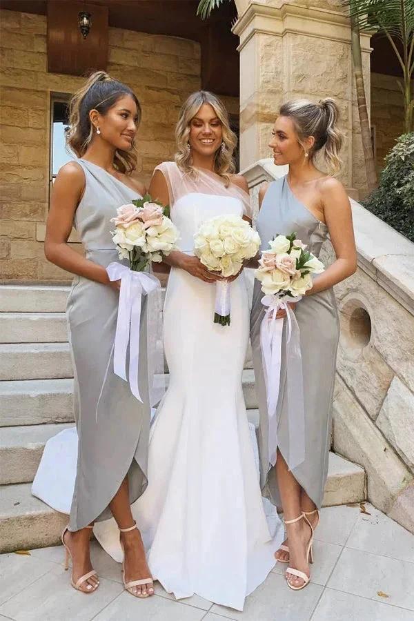 One Shoulder Asymmetrical Silver Bridesmaid Dress (ZD12829)