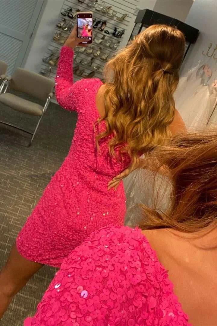 Long Sleeve Sequined Hot Pink Homecoming Dress (ZD11630)