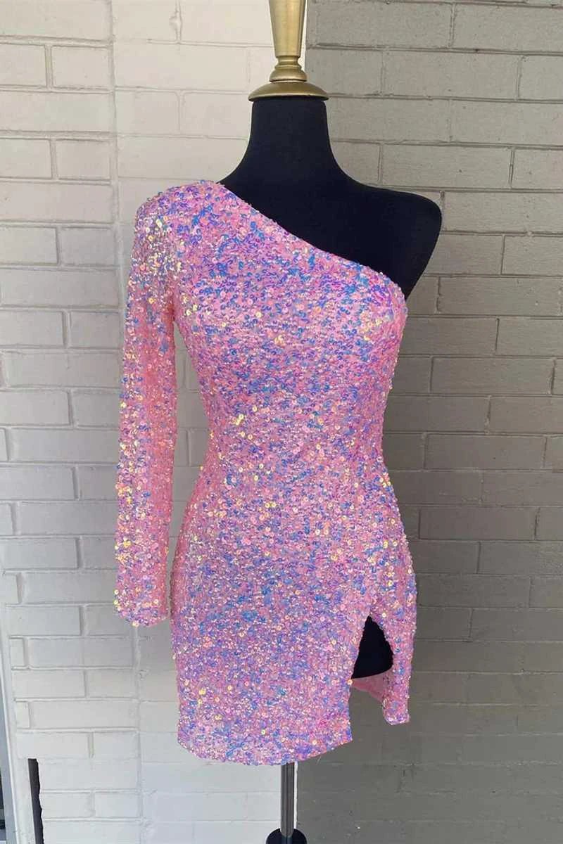 Long Sleeve Sequined Hot Pink Homecoming Dress SYH18 by vivymakudress