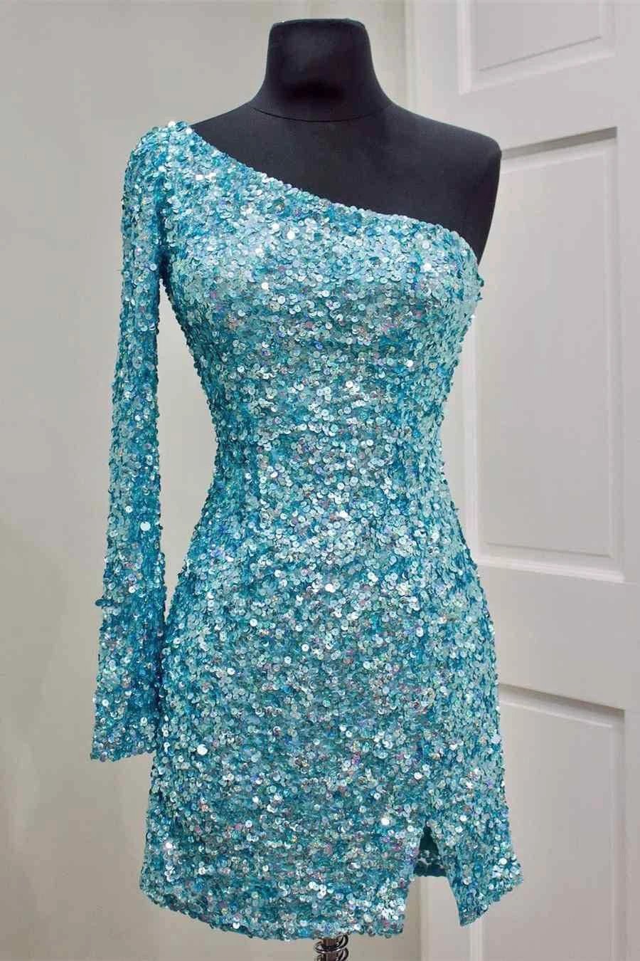 Long Sleeve Sequined Hot Pink Homecoming Dress SYH18 by vivymakudress