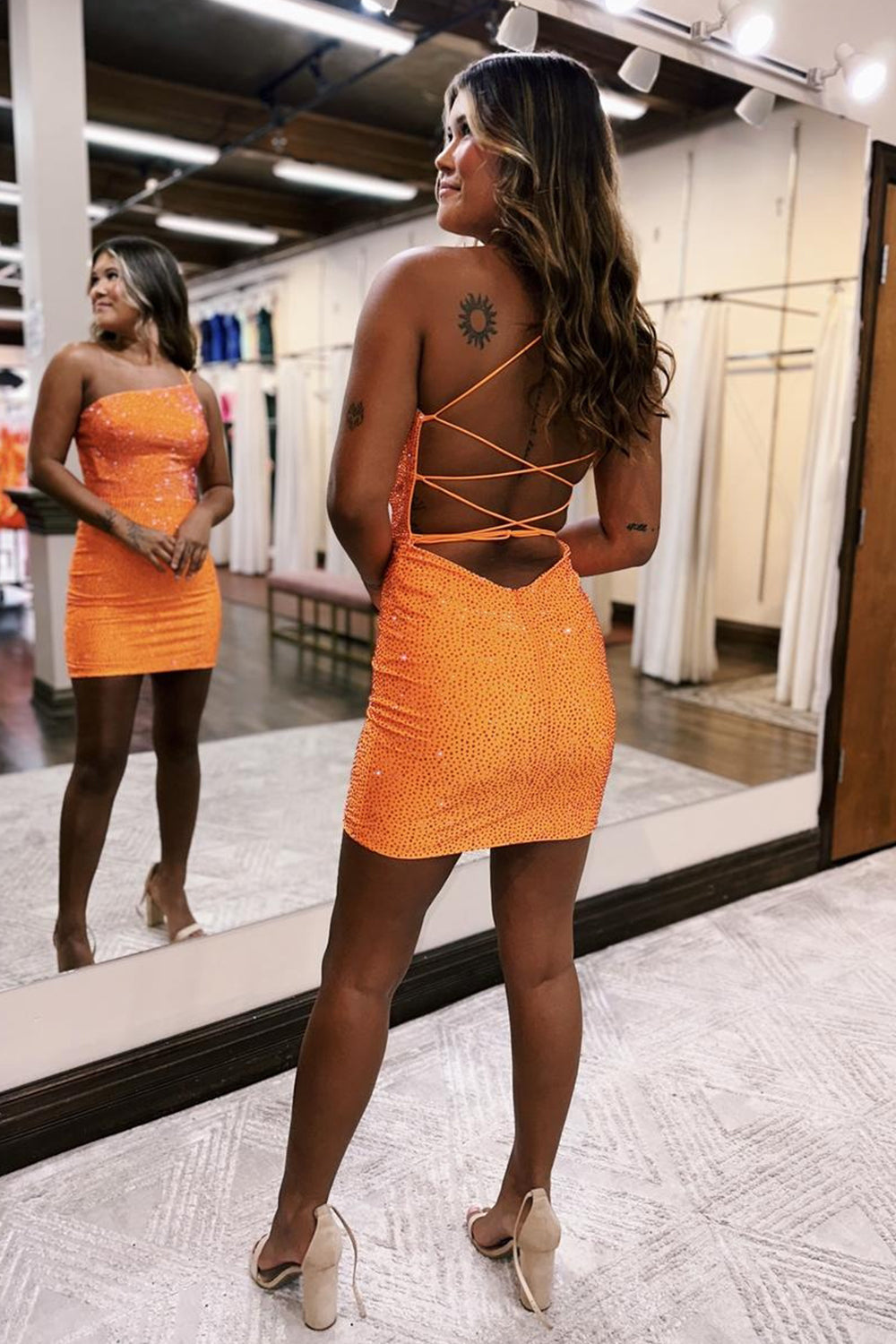 Orange Homecoming Dresses Beaded One Shoulder Sequin Tight Prom Dress