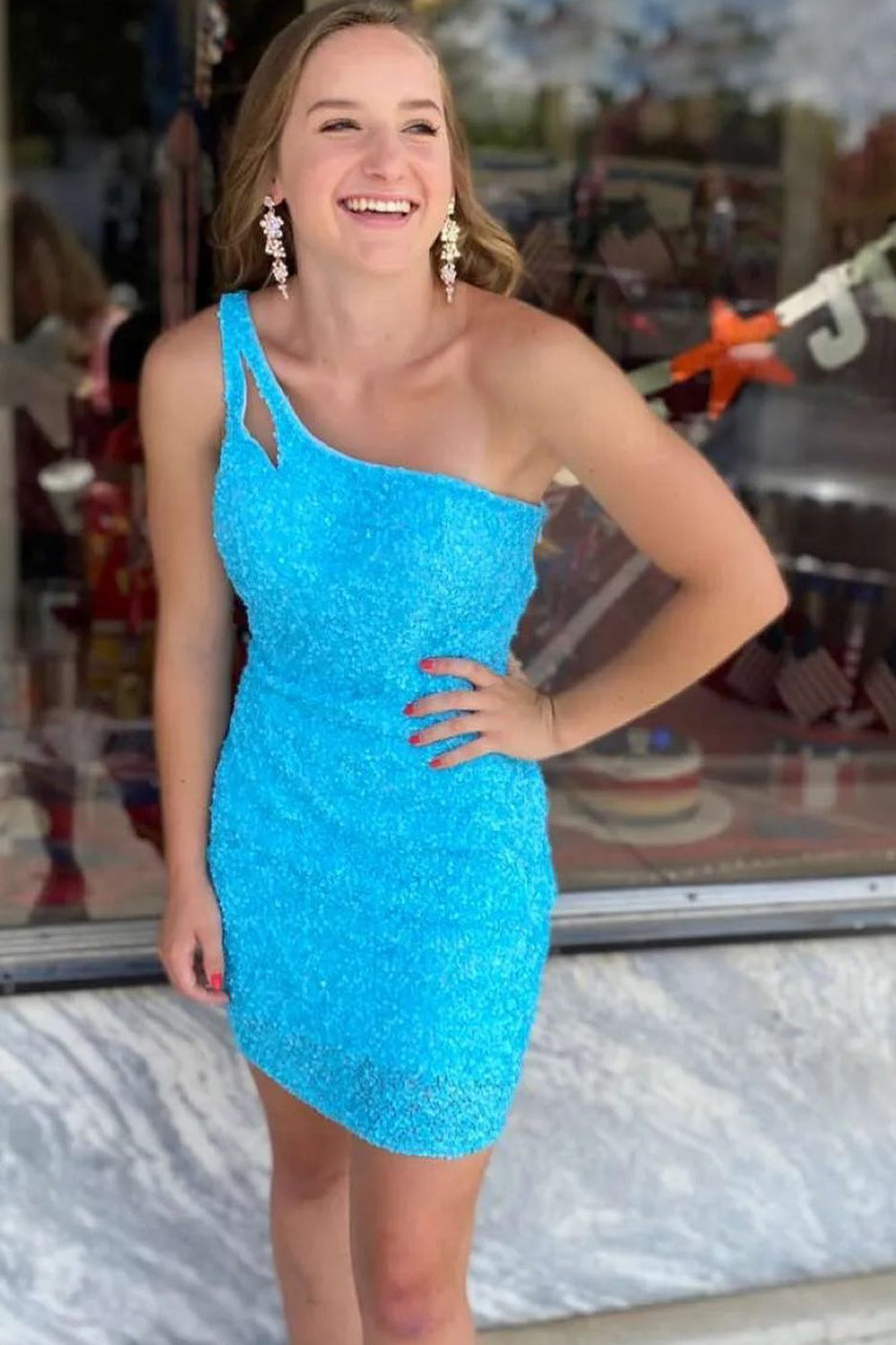 Orange Homecoming Dresses Open Back One Shoulder Sequin Tight Prom Dress