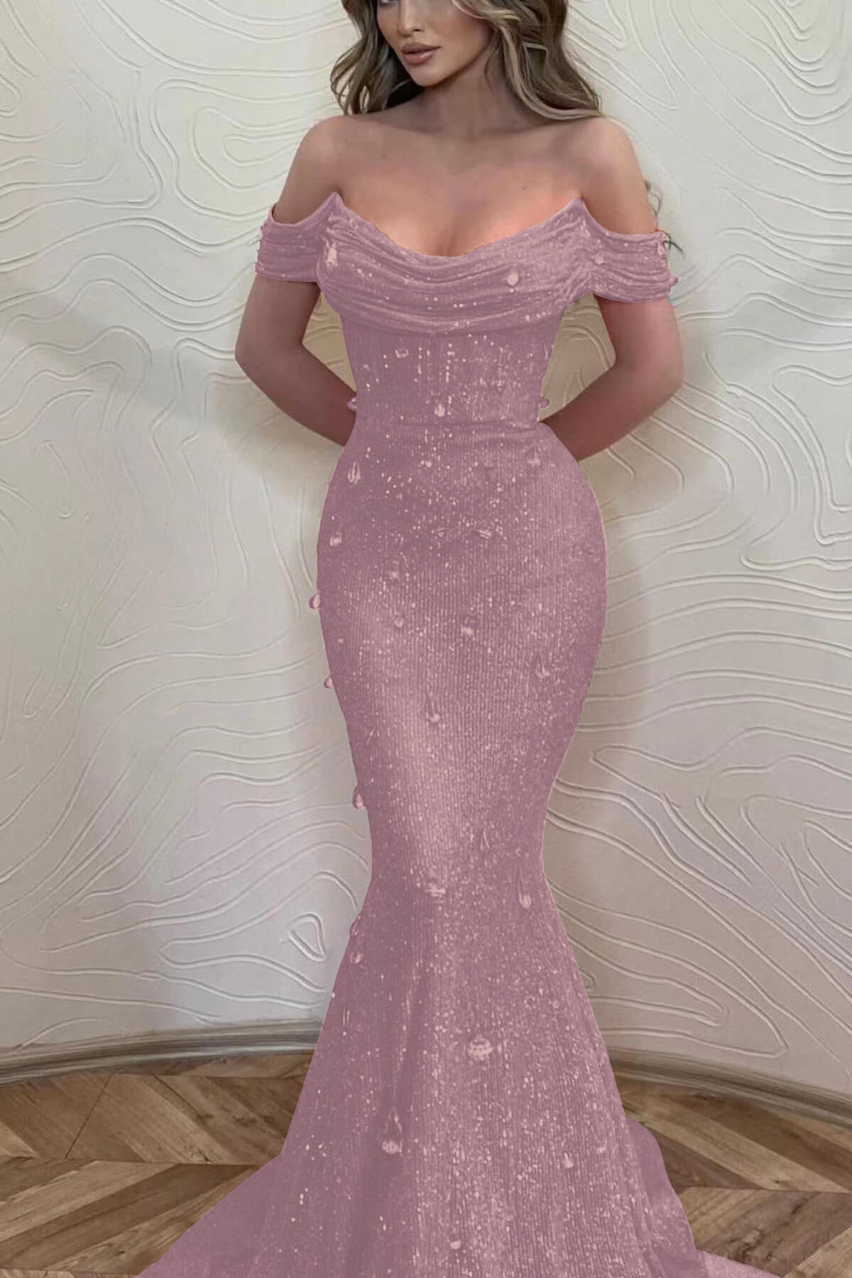 Orange Off the Shoulder Strapless Sleeveless Evening Formal Dress With Sequined Mermaid