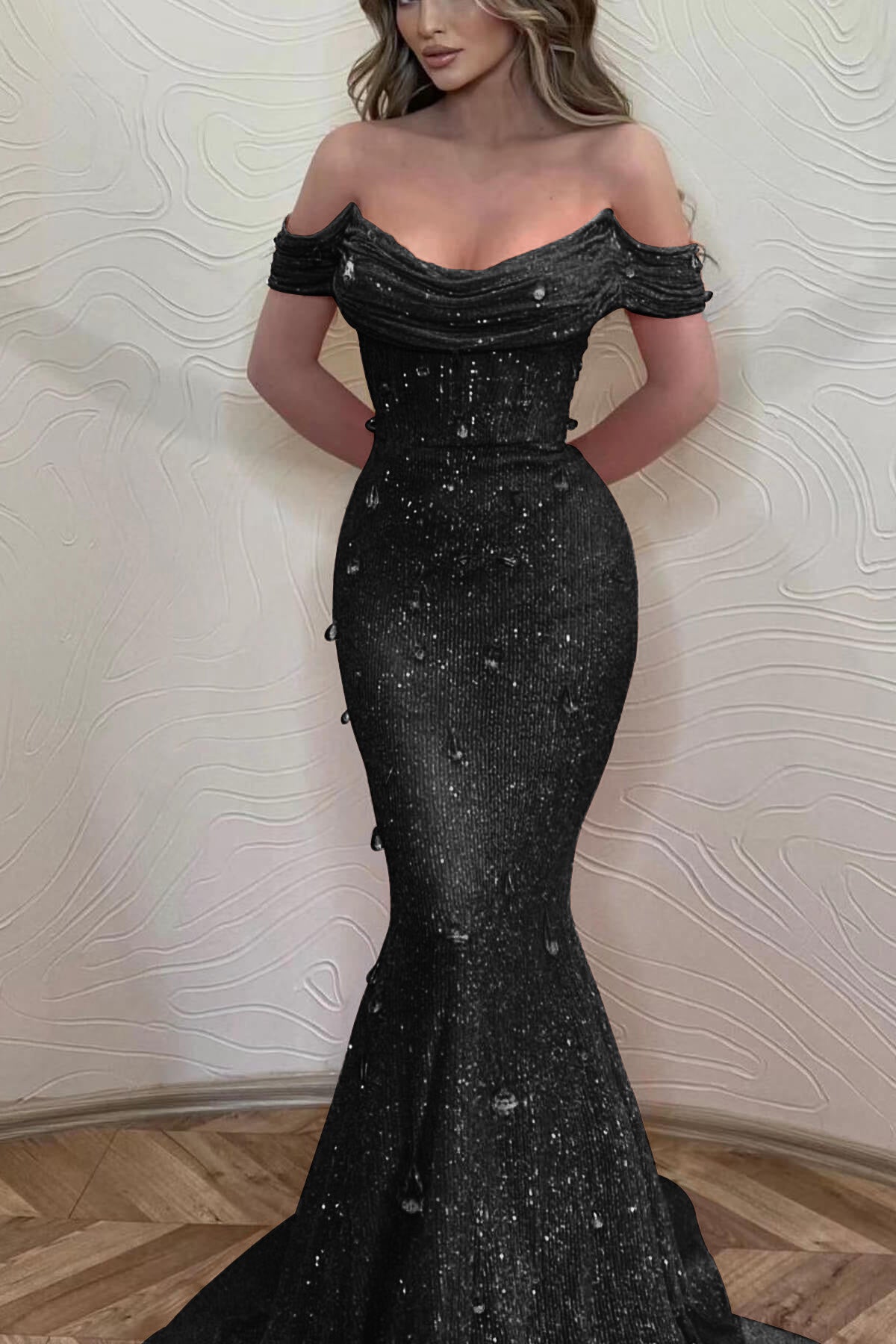 Orange Off the Shoulder Strapless Sleeveless Evening Formal Dress With Sequined Mermaid
