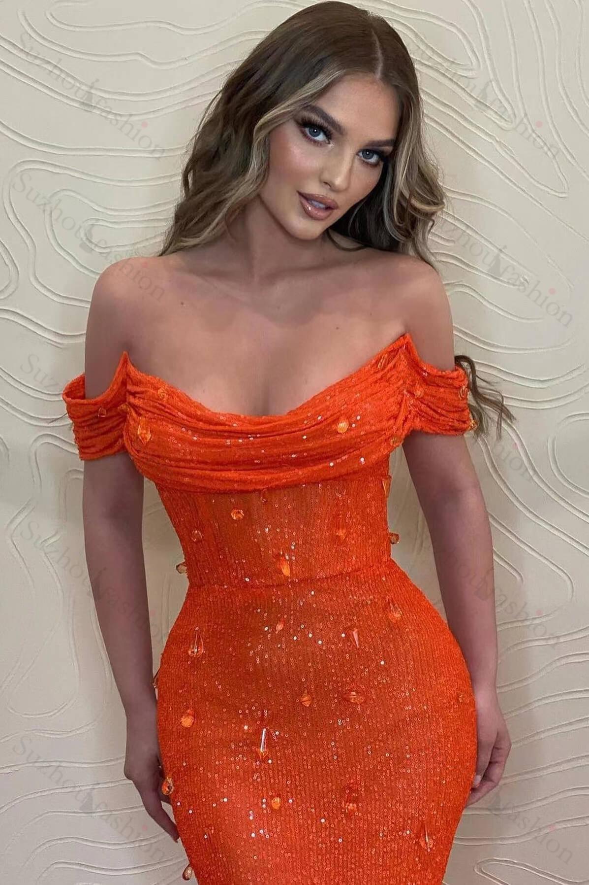 Orange Off the Shoulder Strapless Sleeveless Evening Formal Dress With Sequined Mermaid