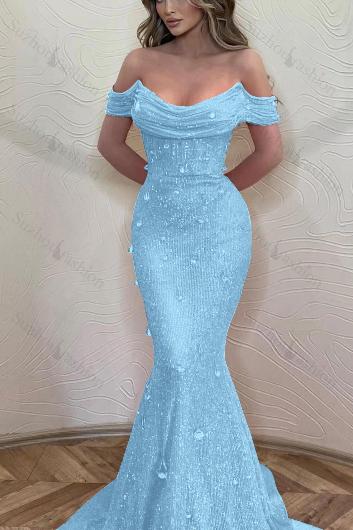 Orange Off the Shoulder Strapless Sleeveless Evening Formal Dress With Sequined Mermaid