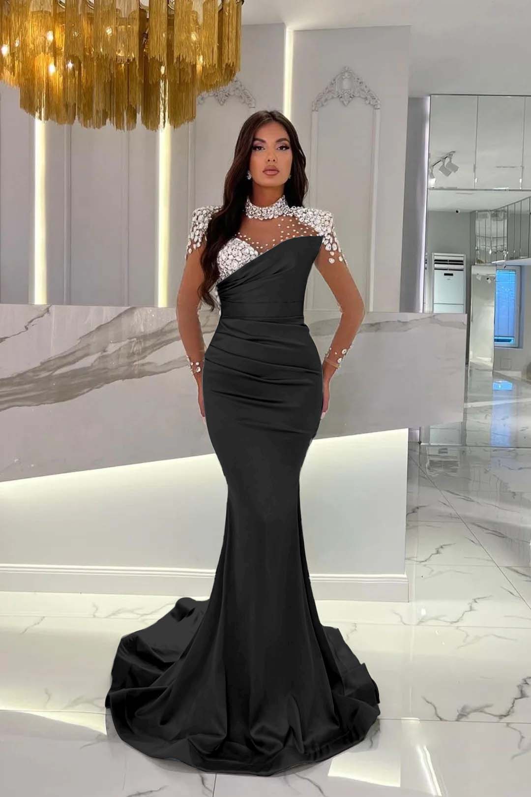 Orange Prom Dress Mermaid High Neck Formal Dress With Sleeves