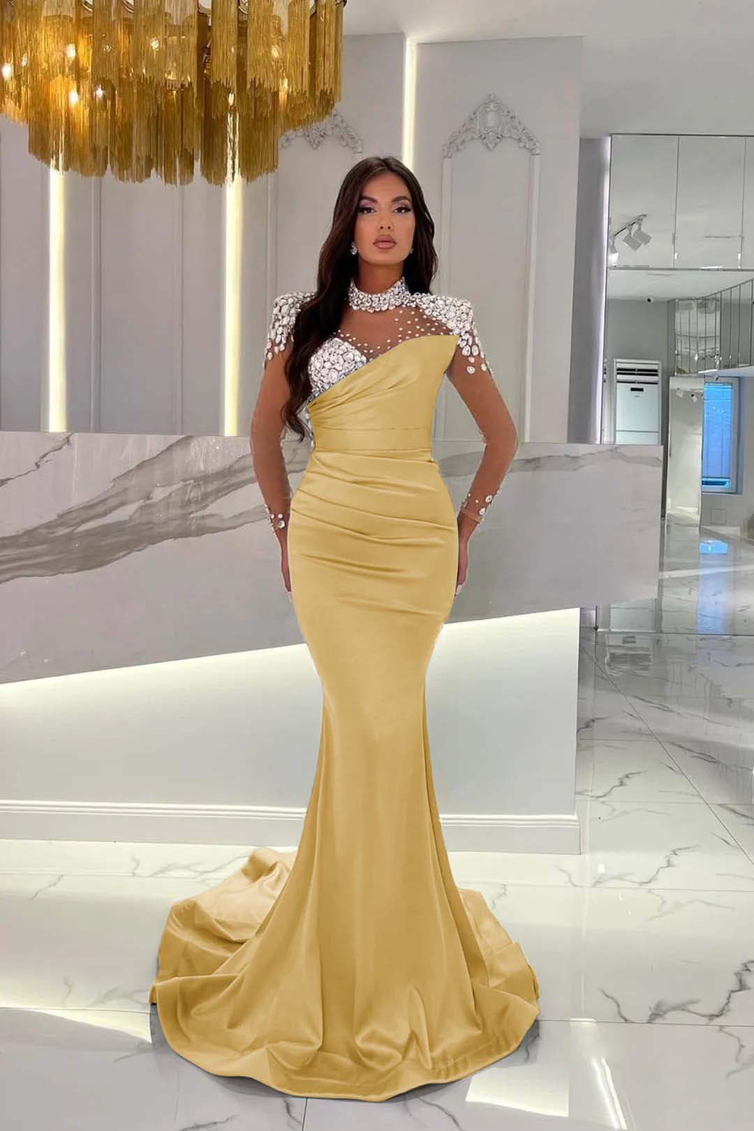 Orange Prom Dress Mermaid High Neck Formal Dress With Sleeves