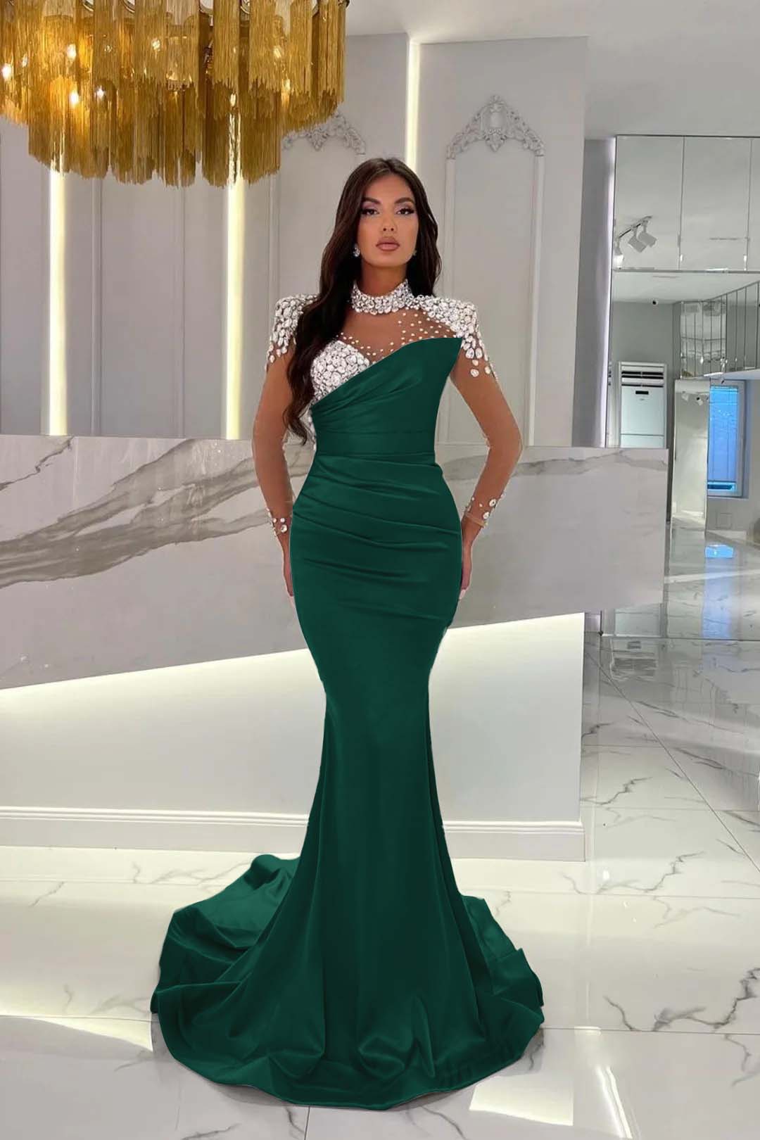 Orange Prom Dress Mermaid High Neck Formal Dress With Sleeves