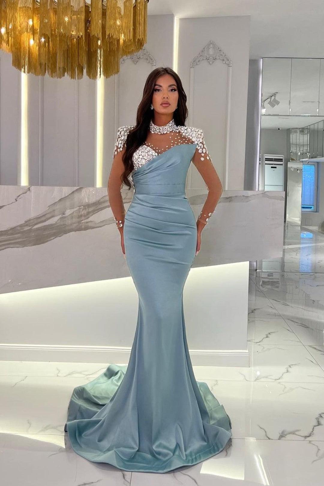 Orange Prom Dress Mermaid High Neck Formal Dress With Sleeves