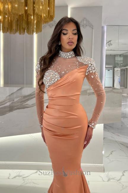 Orange Prom Dress Mermaid High Neck Formal Dress With Sleeves
