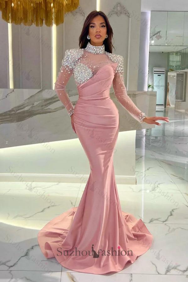 Orange Prom Dress Mermaid High Neck Formal Dress With Sleeves