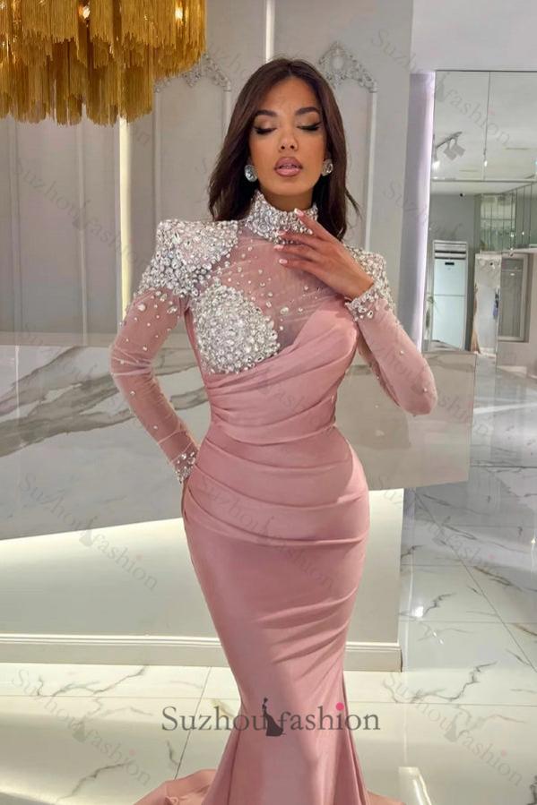 Orange Prom Dress Mermaid High Neck Formal Dress With Sleeves
