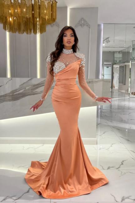 Orange Prom Dress Mermaid High Neck Formal Dress With Sleeves