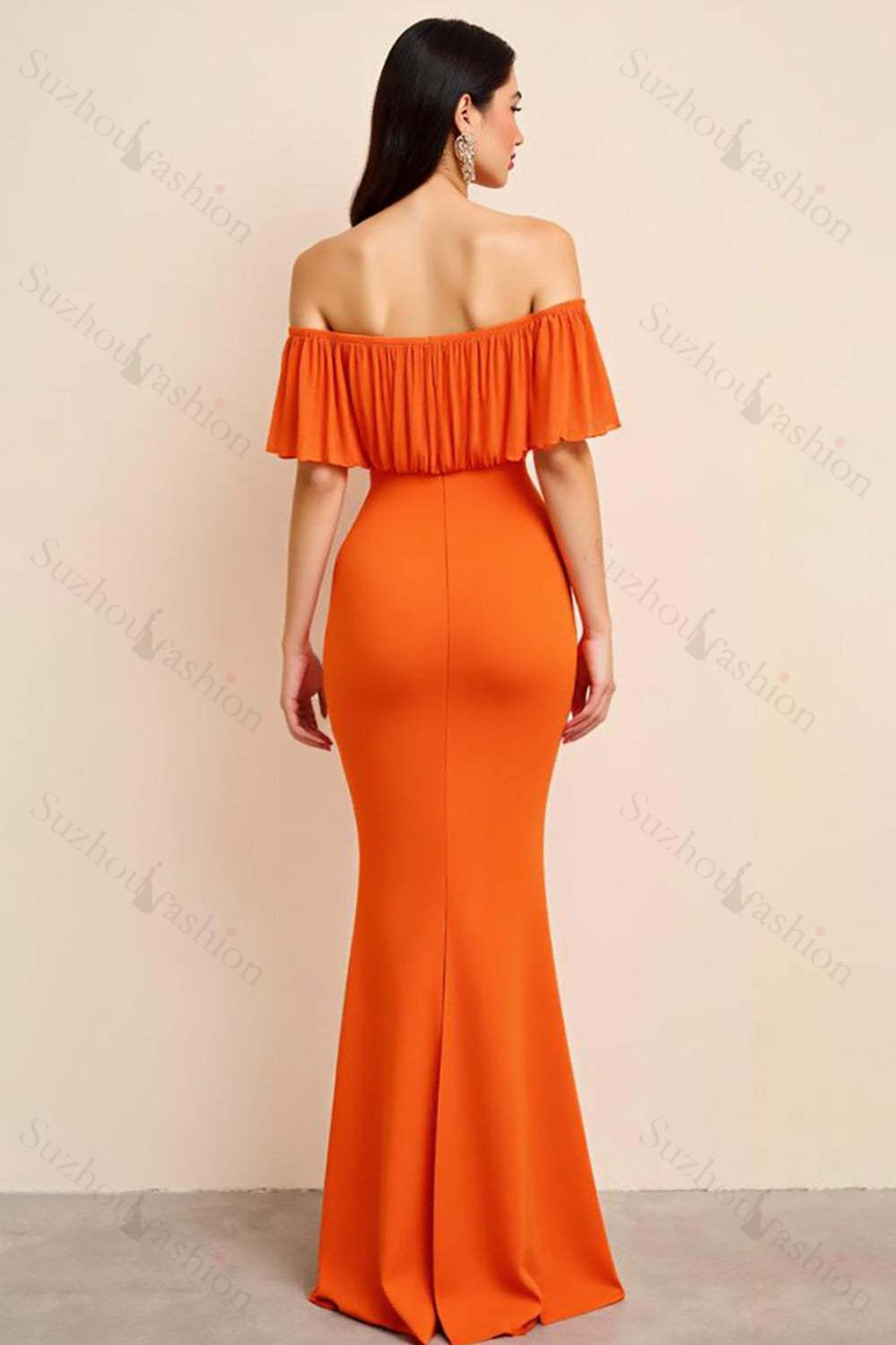 Orange Prom Dress Off The Shoulder Sheath Long Formal Dress