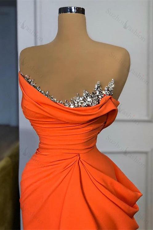 Orange Prom Dress Sequined Mermaid Online Strapless Pleated Evening Formal Dress