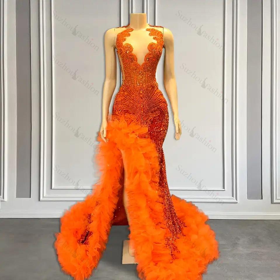 Orange Sleeveless Mermaid Formal Dresses with Side Slit and Tulle Beadings