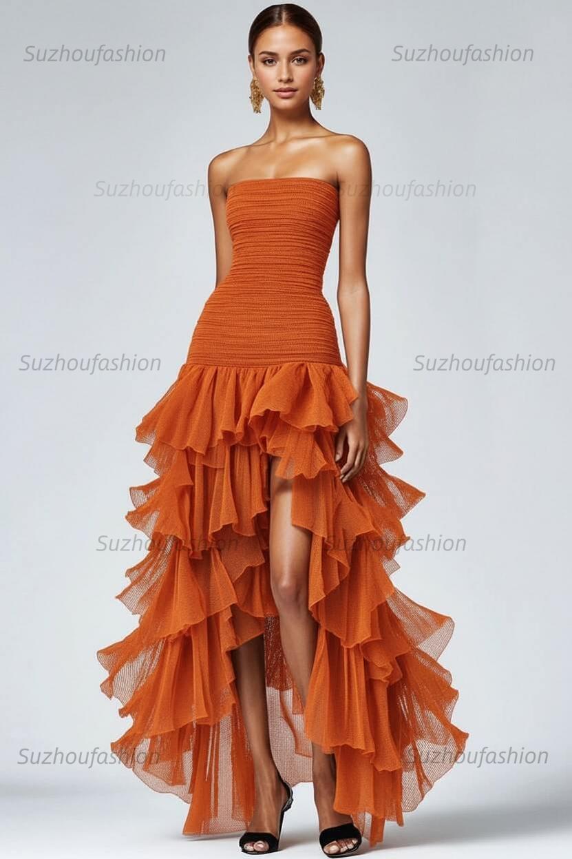 Black Wedding Guest Dress Strapless Tulle Long Ruffled Formal Dress With Slit