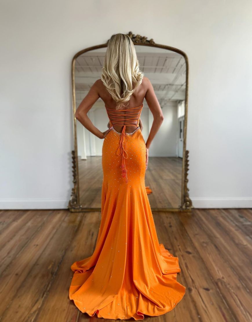 Orange Mermaid Sweetheart Long Prom Dress With Split - View 2 | VelvetHem